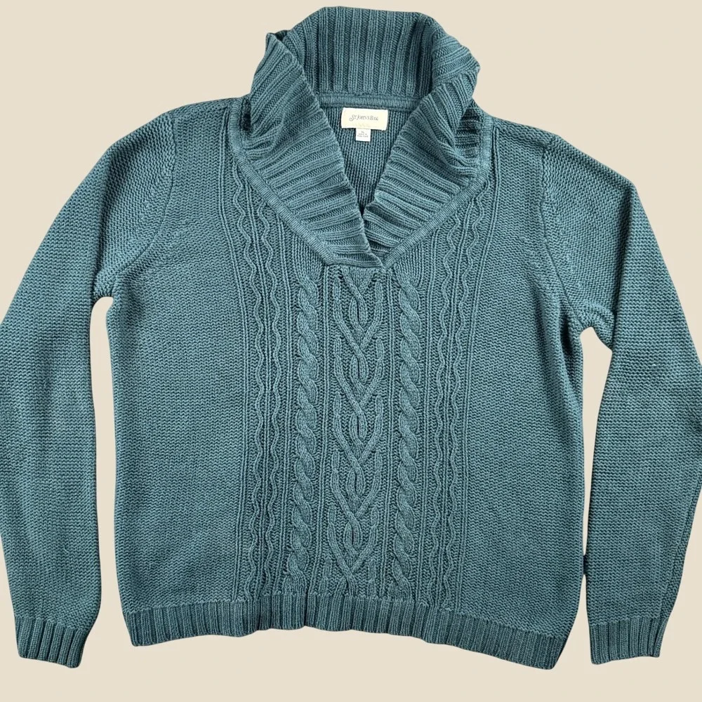 St. Johns Bay Sweater Women XL Teal Cable Knit Shawl Collar Pullover Grandpacore